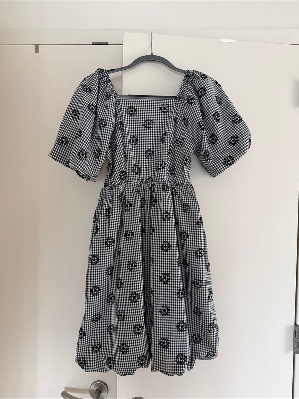Navy & White Gingham Puff-Sleeve Midi Dress with Floral Embroidery